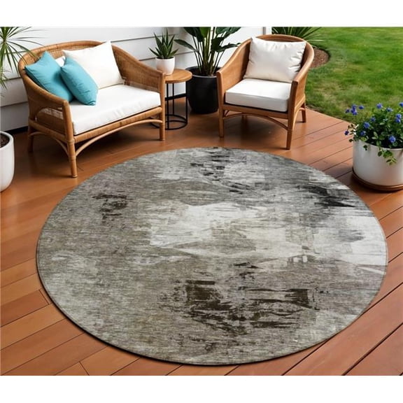 HomeRoots 577759 8 ft. Round Abstract Washable Indoor & Outdoor Area Rug, Taupe, Beige & Ivory