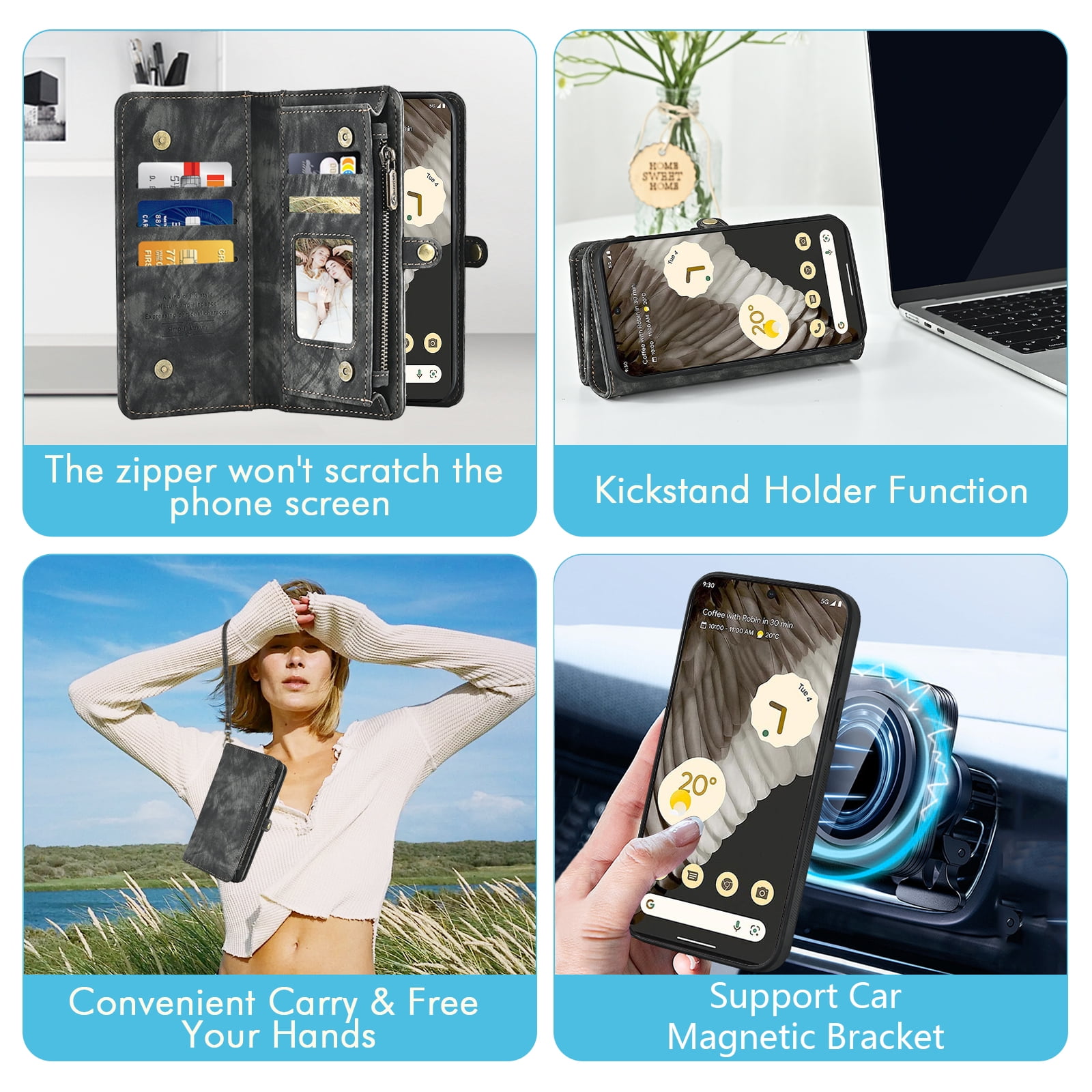 Asuwish Compatible with Google Pixel 7 Pro 5G Phone Case Zipper Wallet Detachable Tempered Glass Screen Protector Strap Flip Card Holder Cell Cover for Pixel7Pro Pixel7 XL Seven 7Pro 6.7 Women Black