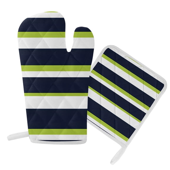 Oven Mitts and Pot Holders Set Green Navy Blue Stripes Heat Resistant Kitchen Oven Glove Striped Grill Gloves Set for Cooking, Baking, BBQ, Machine Washable 6.5x10.8in 8x8in