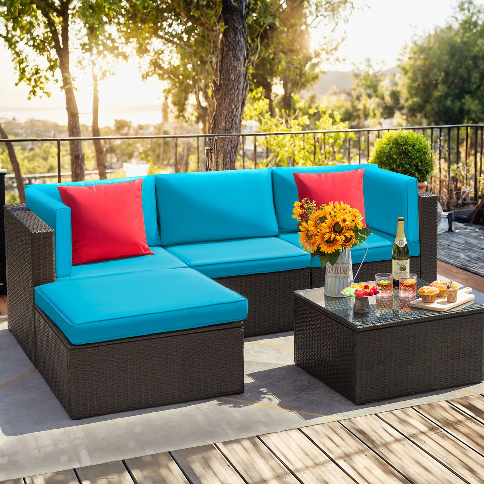 Homall 5-Piece PE Rattan Outdoor Sectional Sets with Tea Table and Ottoman, Blue