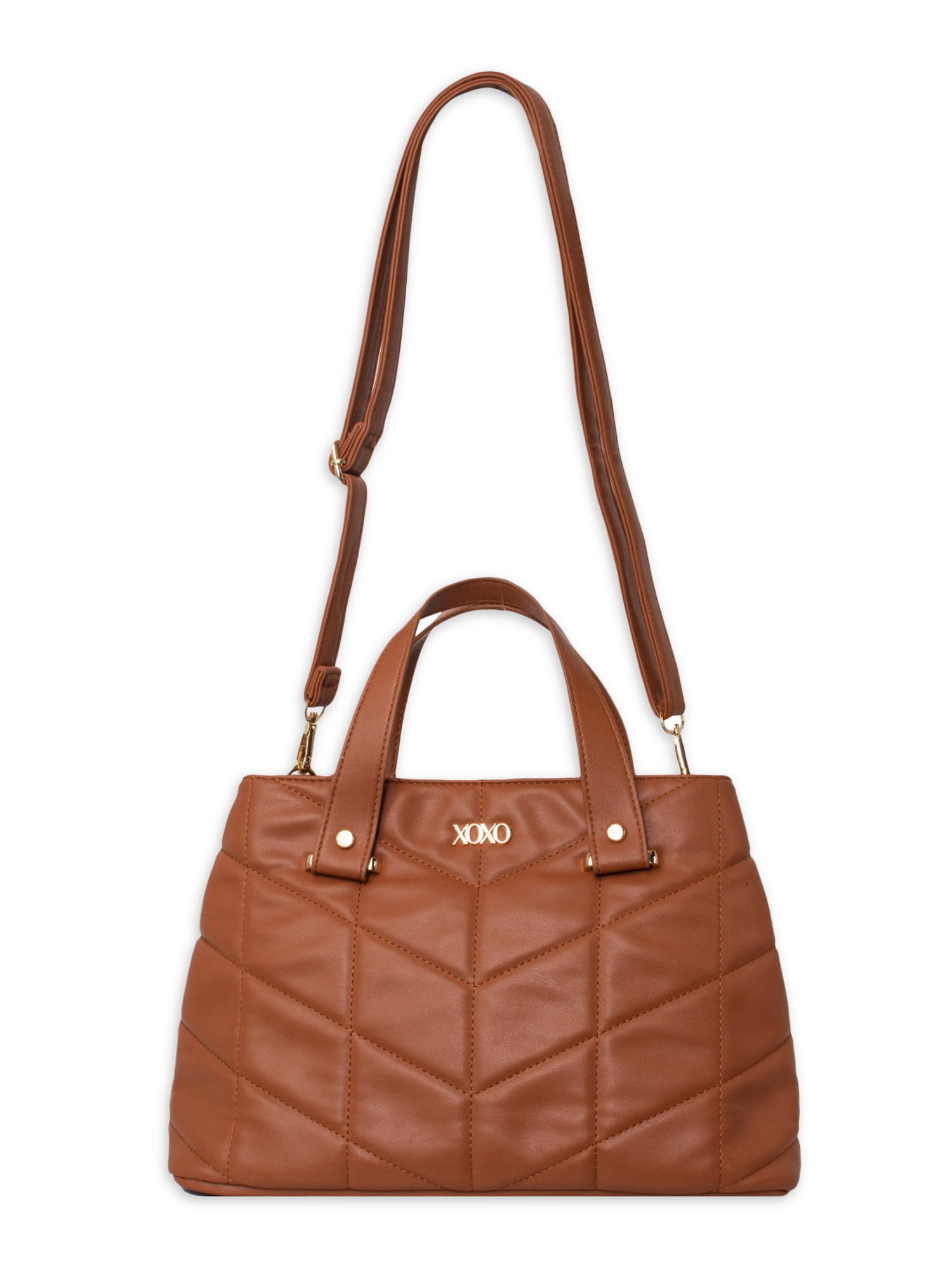 XOXO Women’s Cognac Chevron Vegan Leather Quilt Everyday Satchel Bag withAdjustable Strap