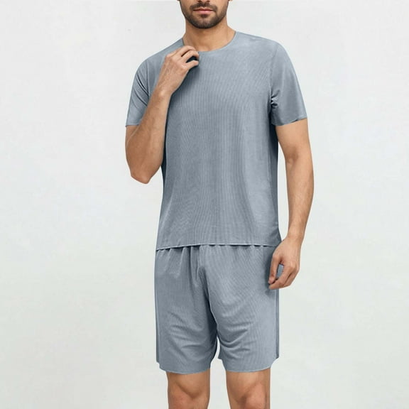 UVEASISHA Silky Pajama Sets for Men 2 Piece Sets Lightweight Comfy Lougnewear Short Sleeve Tee Tops and Shorts Lounge Set Blue XXL