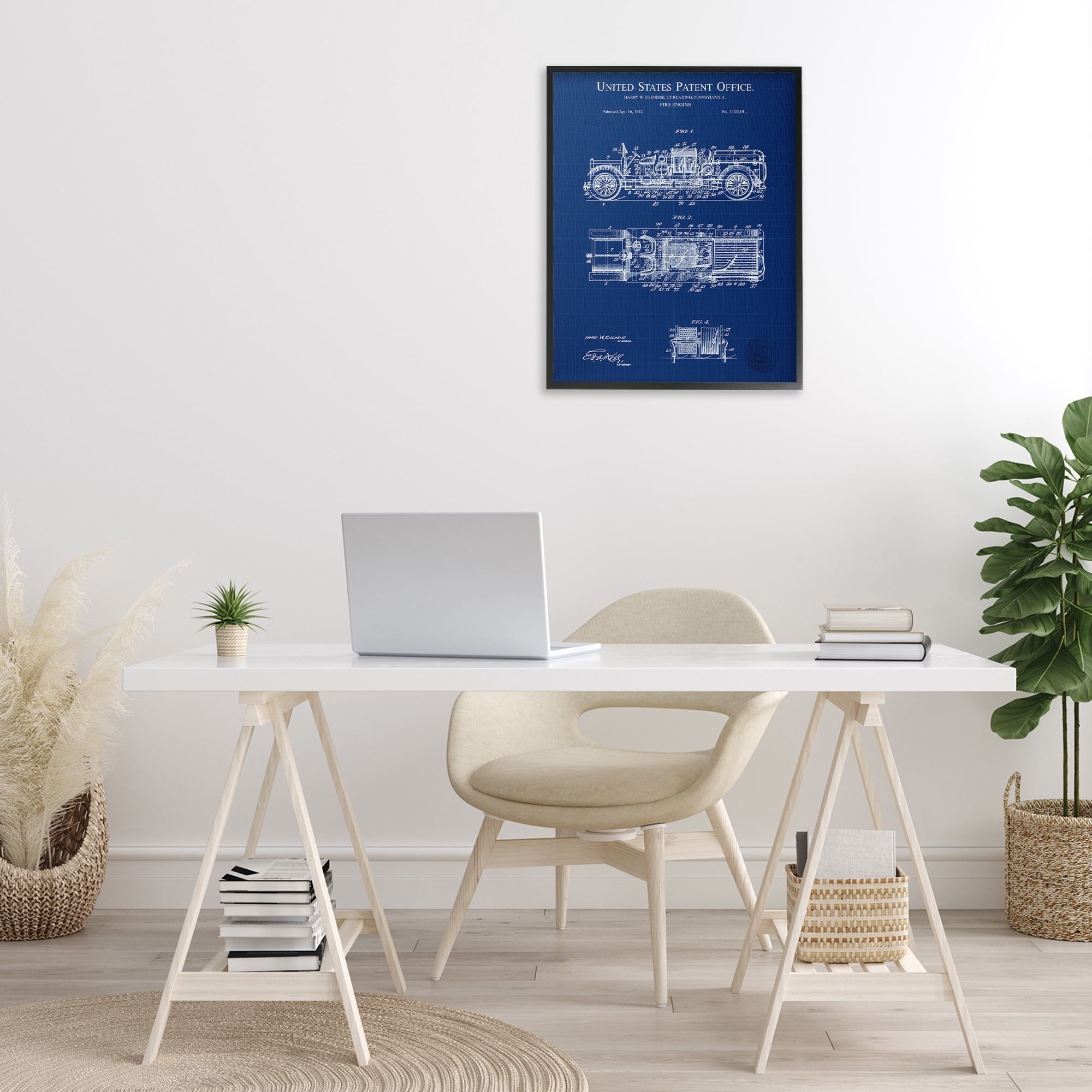 Stupell Industries Fire Engine Blueprint Transportation Painting Black Framed Art Print Wall Art, 24 x 30