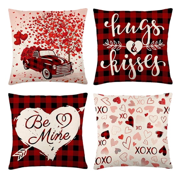 Valentines Day Decorations-Valentine Pillow Covers 18x18 Set of 4, Pink Red Hearts Be Mine Happy Valentine's Day Throw Outdoor Pillow Covers Anniversary Wedding Cushion Case for Home Sofa Couch Décor