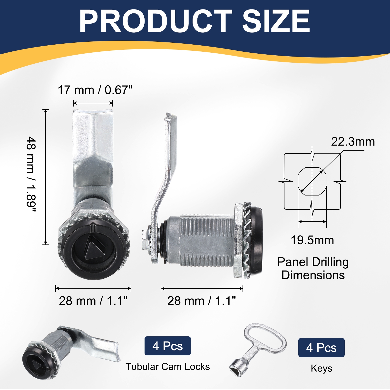 Tubular Cam Lock 7/8" Cylinder Length Zinc Alloy Cabinet Lock with Key Black 4 Pack