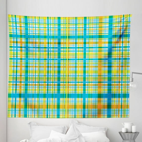 Plaid Tapestry, Traditional Scottish Inspired Geometric Abstract Illustration Grid Horizontal Lines, Fabric Wall Hanging Decor for Bedroom Living Room Dorm, 5 Sizes, Multicolor, by Ambesonne