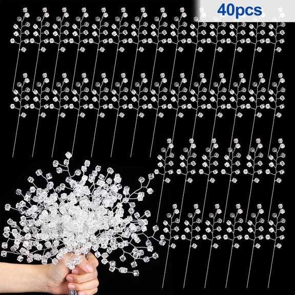 TSV 40pcs Acrylic Crystal Flower Branches, Artificial Beaded Stems Picks for Wedding, Florals Embellishing, DIY Crafts, Wreaths, Bridal Bouquets Decor