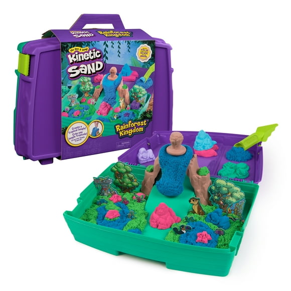 Kinetic Sand, Rainforest Kingdom Playset, 2lbs Play Sand (Pink, Blue & Green), Reusable Folding Sandbox & Tools, Sensory Toys for Kids Ages 5+