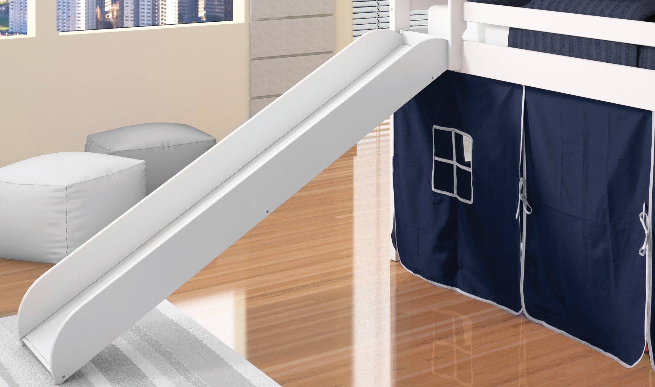 Donco Kids Twin Loft Bed with Blue Tent and Slide, White