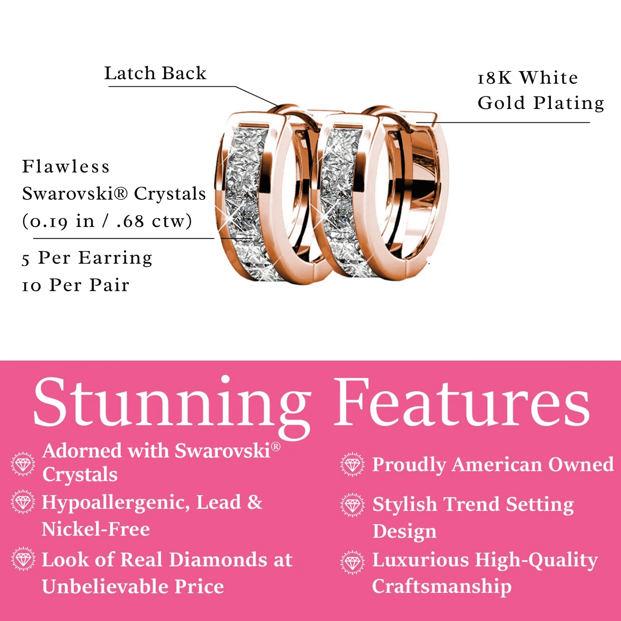 Cate & Chloe Pack of 3 - Giselle 18k Rose Gold Plated 15mm Hoop Earrings with Swarovski Crystals for Women