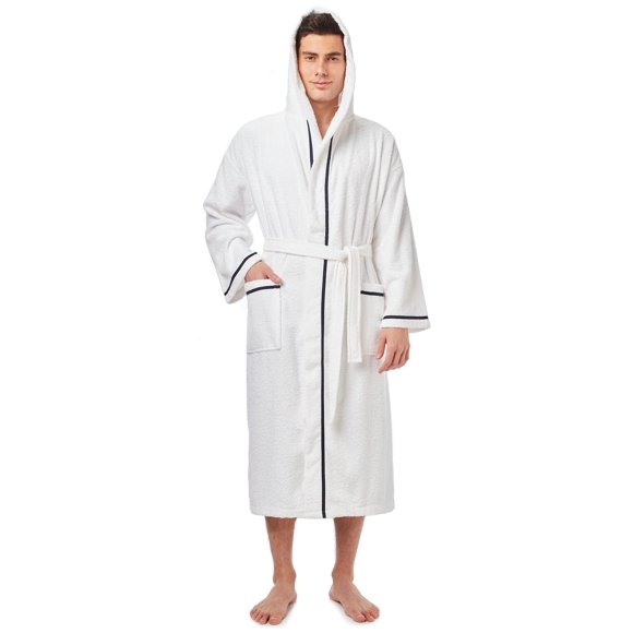 Arus Men's Hooded Classic Bathrobe Turkish Cotton Robe with Full Length Options, White With Navy Blue Border, Large-X-Large