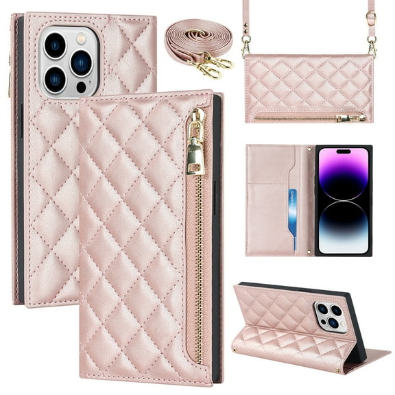 Cover for iPhone 14 Pro Max Wallet Case,Card Slots Removable Adjustable Crossbody Necklace Lanyard Shoulder Strap Zipper Magnetic Leather Case for iPhone 14 Pro Max 6.7 inch, Rosegold