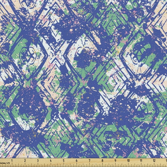 Abstract Fabric by the Yard, Rhombus Motif in Paint Splashes Style Pattern with Ethnic Influences, Decorative Upholstery Fabric for Chairs & Home Accents, Blue Green Pale Peach by Ambesonne