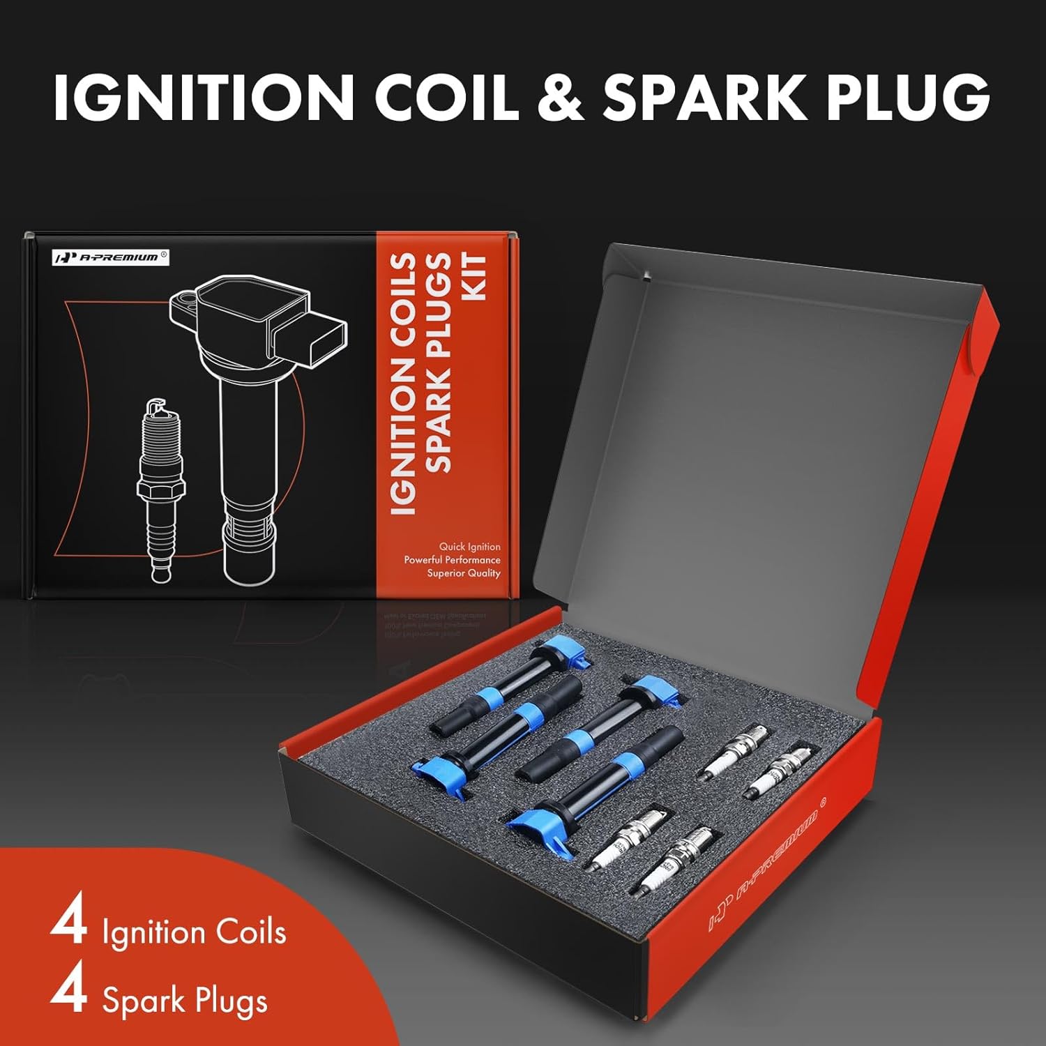 A-Premium Set of 4 (Blue) Ignition Coil Pack and Iridium Spark Plugs Compatible with Hyundai Accent 2006-2011 & Kia Rio Rio5 2006-2011, 1.4L 1.6L