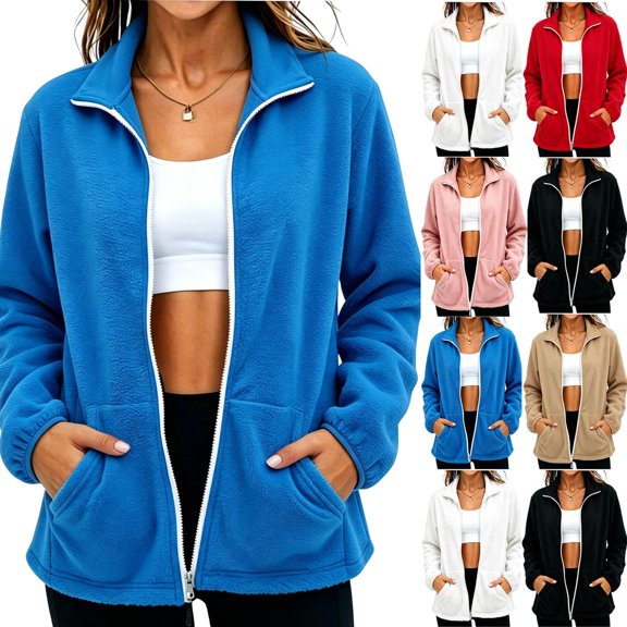 Smsaxvxz Women's Soft Fleece Jacket Lightweight Full Zip Coat Casual Winter Warm Sweaters with Pockets Blue M