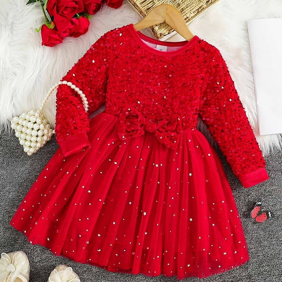 HOMADLES Kid Girls Long Sleeve Dress Bow Crewneck Fashion Girls Party Performance Sequin Mesh Long Dress Soft Flowy Tiered Sundresses Dress Red 9 T