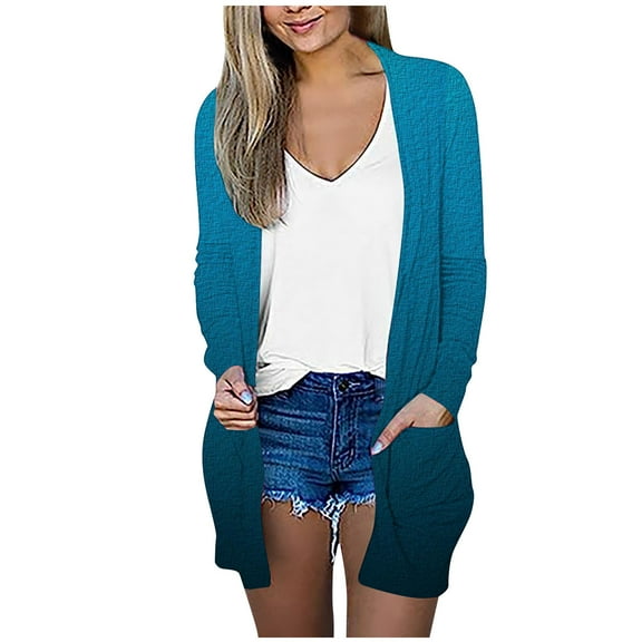 QUYUON Cardigan Sweaters for Women Deals Long Sleeve Open Front Cardigan for Women Women's Long Cardigan Sweaters Pockets Cardigan Jacket Style Q-7971 Fall Cardigan Sweater Outerwear Coat Blue XXL