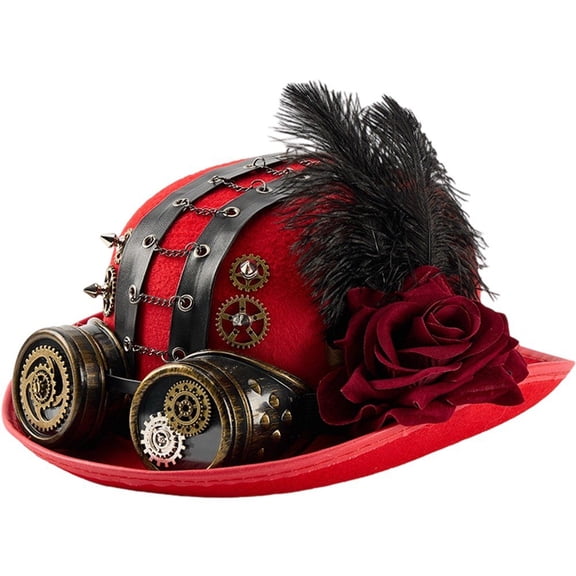 Jiibva Unisex Steampunk Top Hat Victorian Round With Goggles Gear Chain And Rose Flower Gothic Headpiece For Halloween