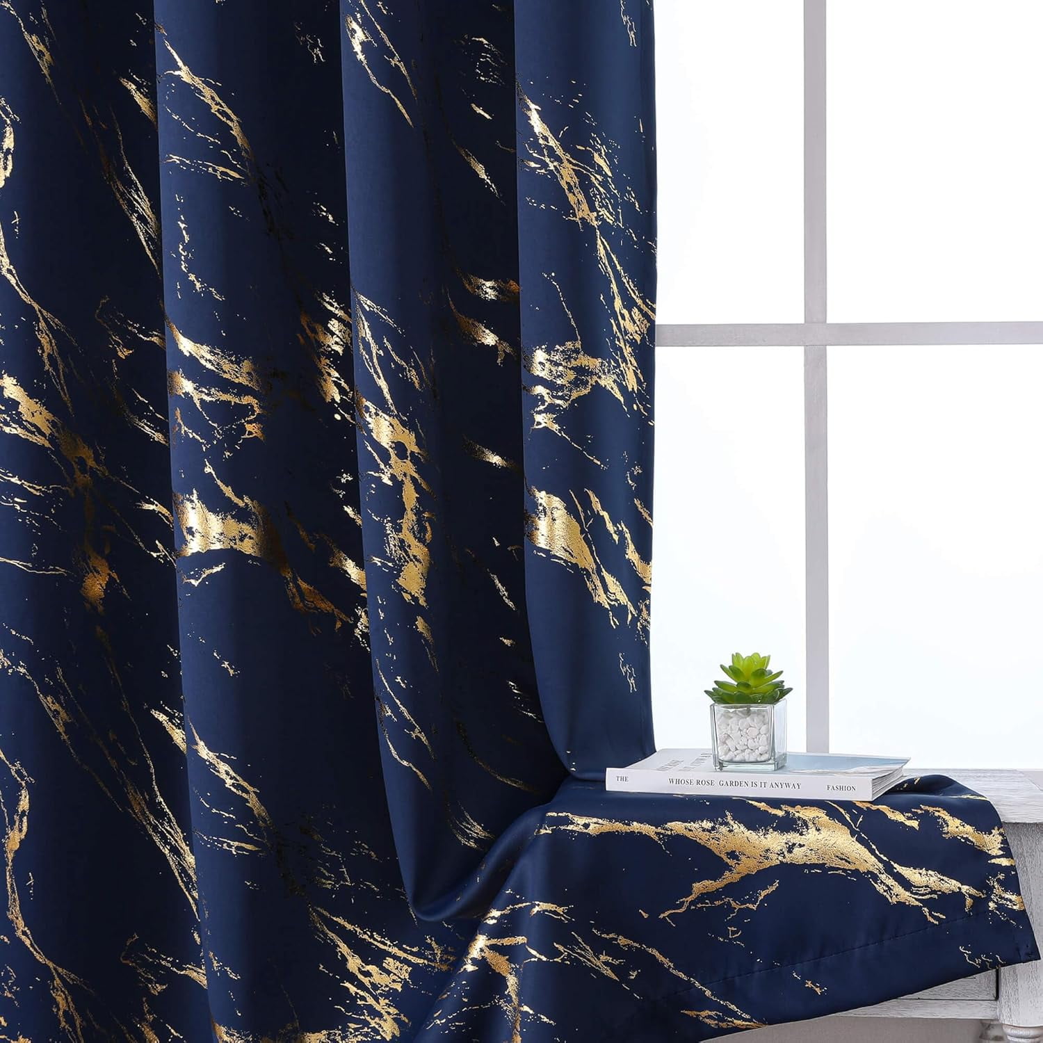 Navy Blue and Gold Blackout Patterned Curtains, Gold Marble Printed Thermal Insulated Curtain Modern Abstract Drapes for Bedroom Living Room Dining Room 42"W x 84"L (Pack of 2)