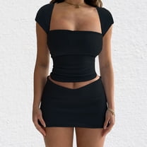 ZZwxWA Womens 2 Piece Outfits Sexy Square Neck Cap Sleeve Crop Tops and Low Waist Bodycon Mini Skirt Y2K Streetwear Ladies Workout Sets Solid Color