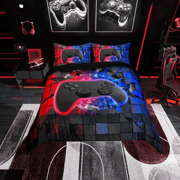 Erosebridal Black Gamepads Comforter Cover Twin,Video Game Bedding Twin Size,Blue Red Duvet Cover Twin,Microfiber Gamer Room Decor,Reversible,3pcs(No Comforter)