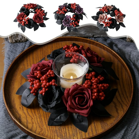 Xuniizn Halloween Candle Rings, Fall & Halloween Wreaths for Front Door - Artificial Flowers Purple And Silk Fake Maple Leaves Wreaths for Party Home Table Centerpieces Halloween Decorations Indoor