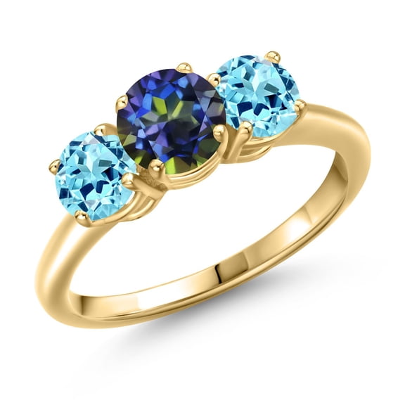 Gem Stone King 18K Yellow Gold Plated Silver Blue Mystic Topaz and Blue Apatite Engagement Ring for Women | 1.99 Cttw | Round 6MM | Gemstone November Birthstone | Size 6