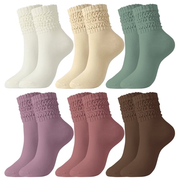 Bocaoying 6 Pcs Women's Slouch Socks, Cotton Scrunch Boot Socks for Women, Ultra Soft and Breathable Crew Socks, Size 5-10, White/Burgundy/Brown/Tan/Teal/Purple