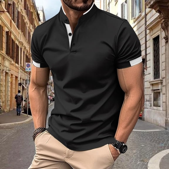 Xunlbb Mens Shirt Mens Dress Shirts Men's Patchwork Fallow Button Round Neck Sports Short Sleeve Shirt on Clearance, S-3XL