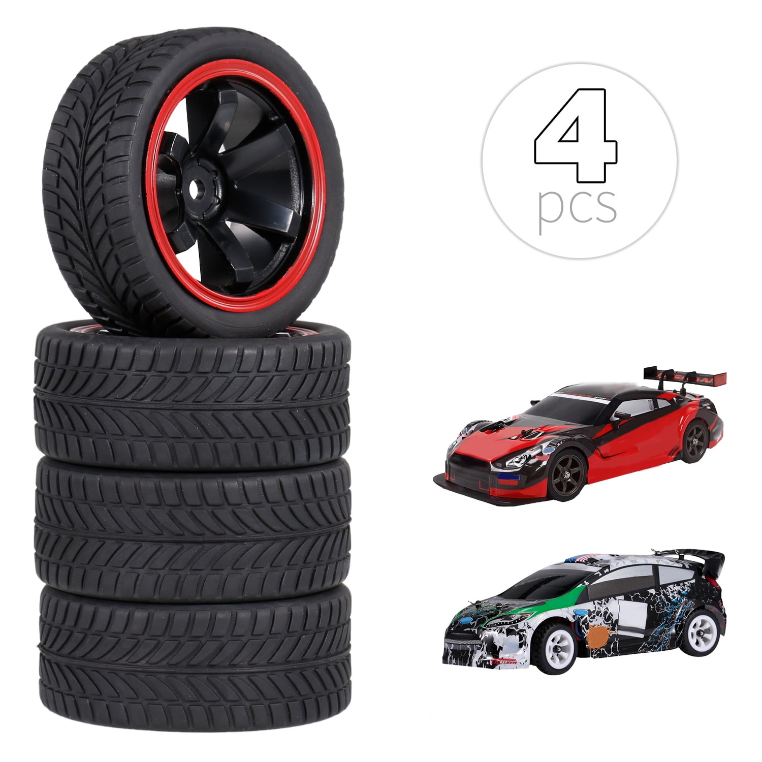 4x RC 1:10 On-Road Car Smooth Rubber Tires & White Plastic Imitate Wheel Rims