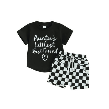 

Bslissey Toddler Baby Boys Summer Clothes Short Sleeve Letter Print T-shirt Tops + Checkerboard Print Shorts 2Pcs Outfits Infant Casual Summer Shorts Sets 0-3 Years