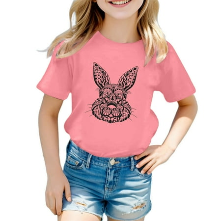 

Girls Tops Easter Summer Short Sleeve Bunny Cute Graphic Round Neck Fashion Casual Style Children Tops