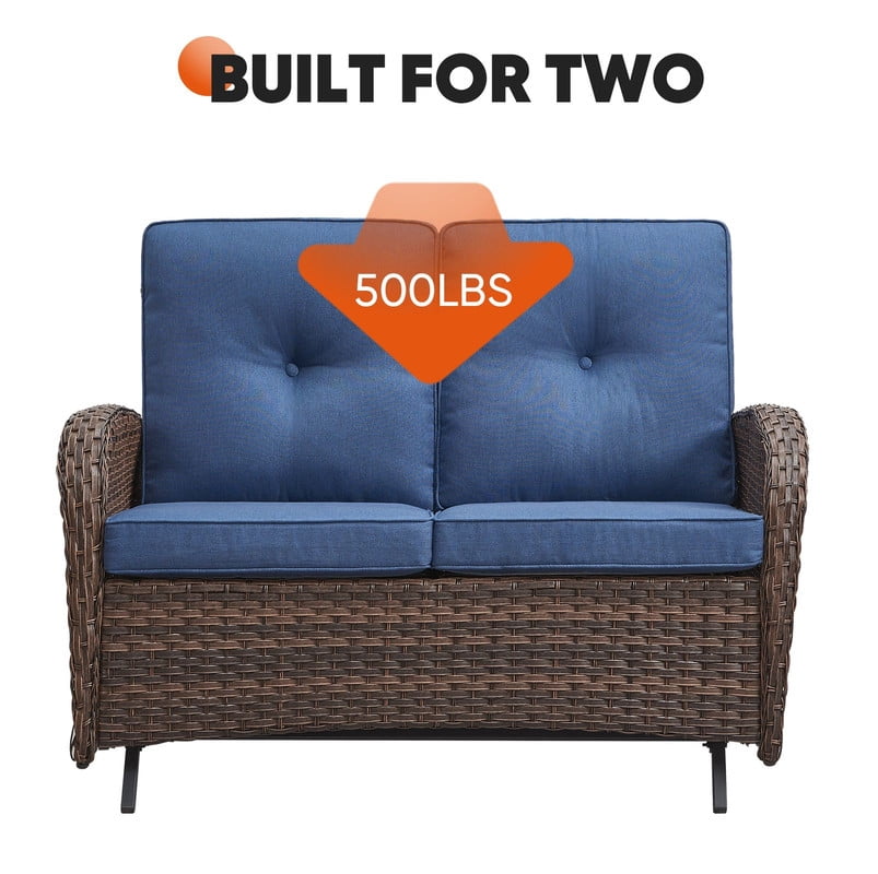 PARKWELL 5 Pieces Outdoor Patio Furniture Set with Fire Pit Table,All Weather Wicker Cushioned Rocking Chairs,Loveseat Glider for Garden Lawn Balcony Porch Deck,Brown/Navy