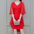 thumbnail image 2 of Ploknplq Robe d'Été Élégante pour Femmes Col en V Manches Courtes Couleur Unie Robe de Soirée Rouge L, 2 of 7