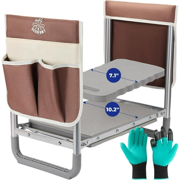 DEERFAMY Garden Kneeler Stool 10.2" Width Seat Load Cap 350 lbs wi/ Extra Kneeling Pad 2 Tool Pouches Claw Gloves Brown
