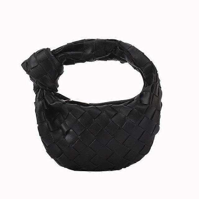 Bolso de mano de piel suave con forma de croissant trenzado, bolso de mano para mujer, color negro
