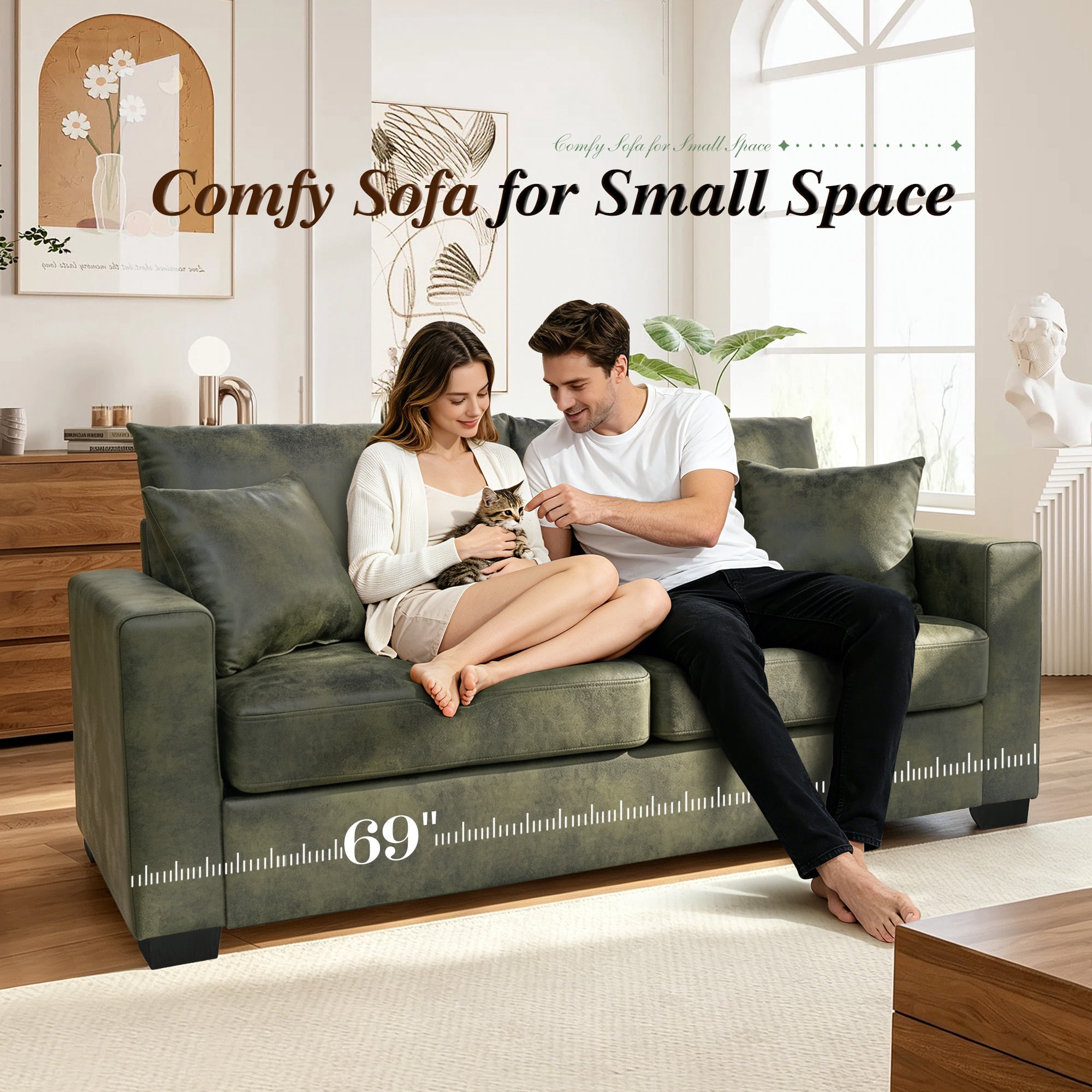 Lunale 69" Loveseat Sofa for Small Space, Modern Comfortable 2-Seater Upholstered Couch, Green Faux Leather