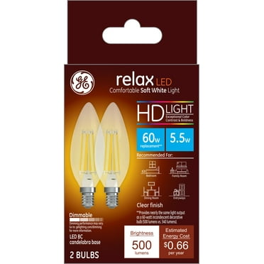 GE Relax LED Light Bulbs, Decorative Style Bulb Shape, Soft White, Clear Finish, 60 Watt Replacement, Candelabra Base, Dimmable (2 Pack)