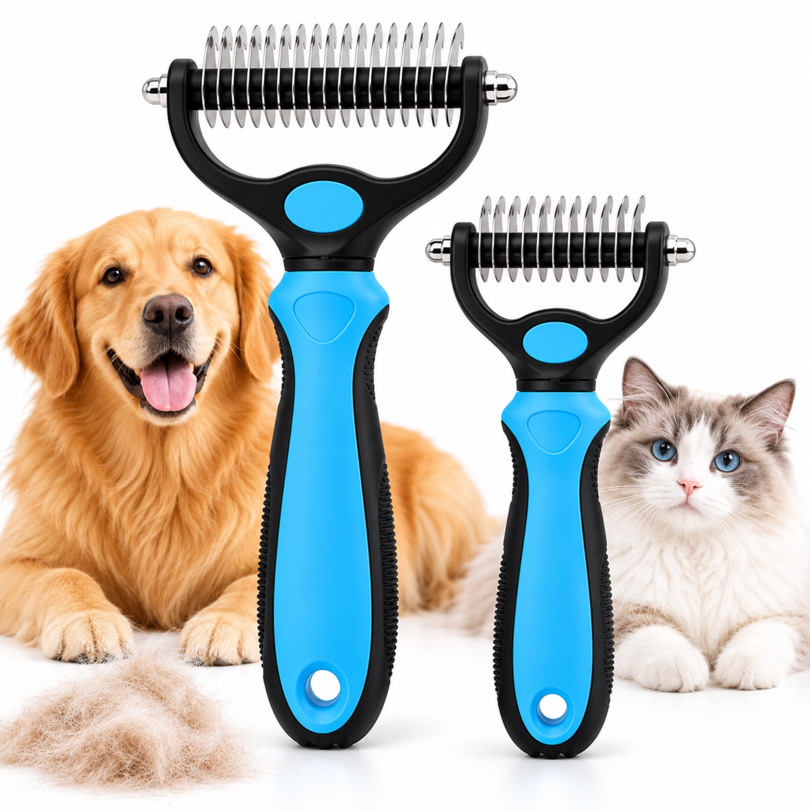 2 Pcs Pet Grooming Brush for Dogs and Cats, Dematting Comb, Undercoat Rake and Deshedding Grooming Tool for Long & Short Hair, Removes Tangles, Knots, Mats and Loose Fur, Blue (M+L)