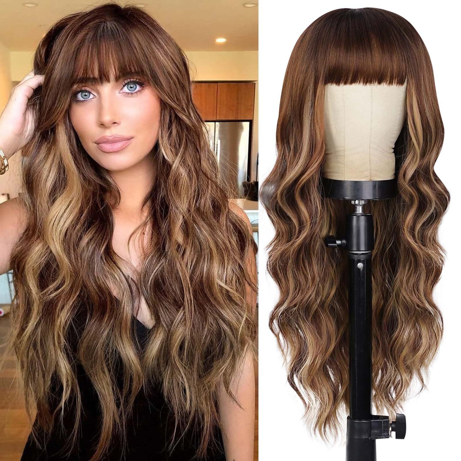 Long Wavy Wig with Bangs for Women, Brown Highlight Synthetic Wig with Dark Roots, Heat Resistant Wigs for Daily Party Use(Brown,One Size)