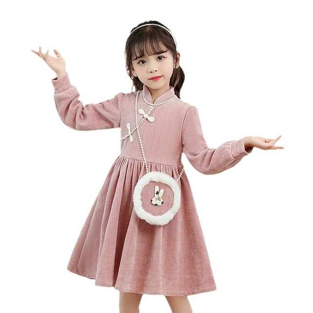 TJAZFJPA Robes Petite Fille Enfants Filles Manches Longues Nouvel An Robe Princesse Rouge Épaissie Chaude avec Sac Robes pour Filles