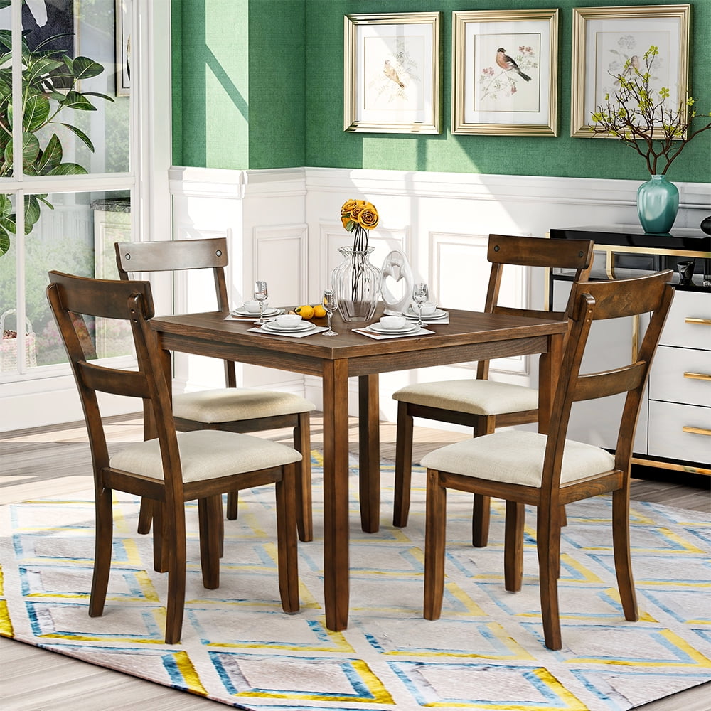 Dining Table Set with Table and 4 Burlap Cushioned Chairs, 5 Piece