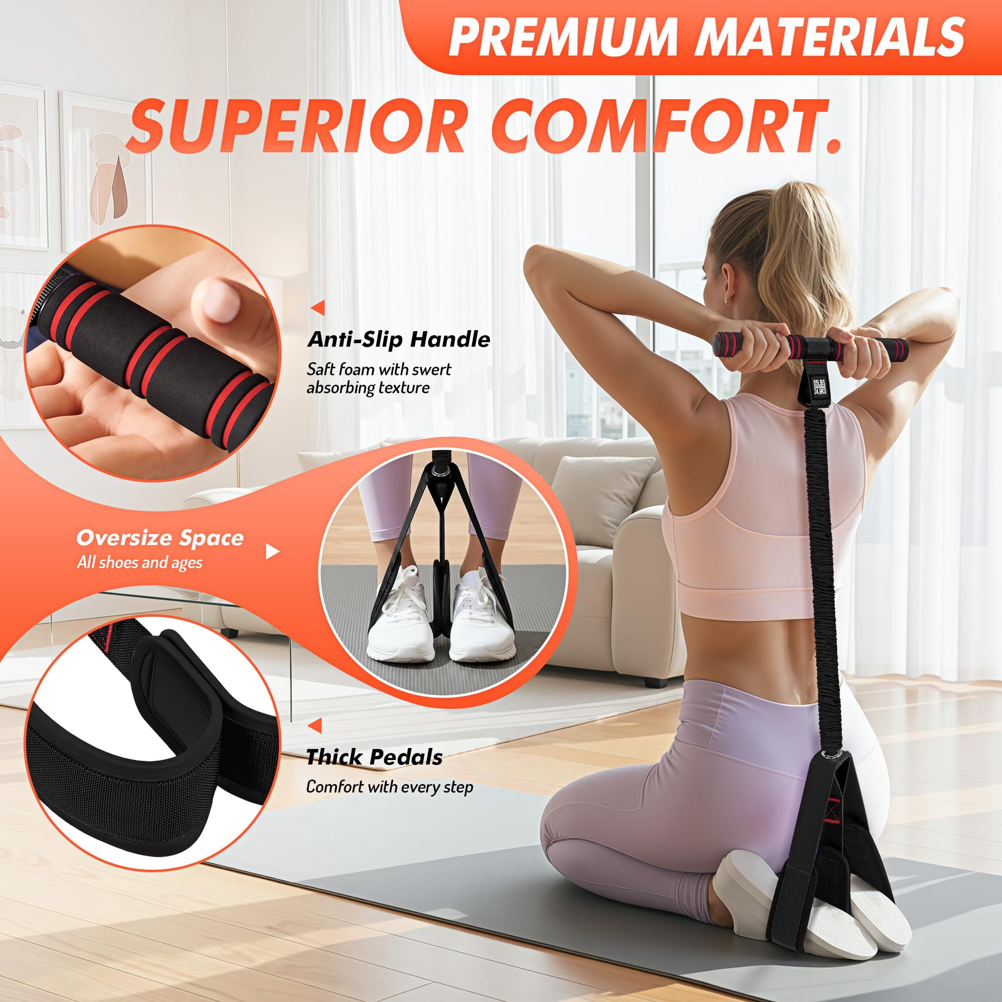 Pedal Resistance Band with Handle | Upgraded 55LBS Exercise Resistance Bands for Core, Abs, Legs, Glutes, Arms, Strength, Physical Therapy, Pilates, Sit Up Workout Equipment for Women Home Gym