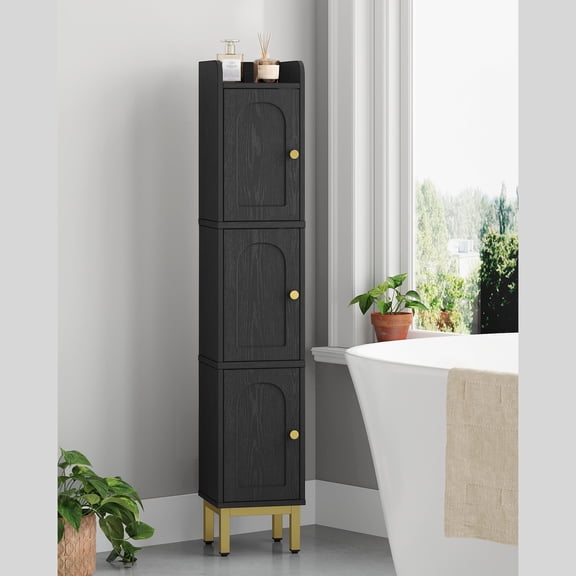 Hzuaneri Bathroom Storage Cabinet, 42.7" H Slim Narrow Freestanding Floor Organizer with 3 Doors & Adjustable Feet for Small‑Space Home Storage, Black