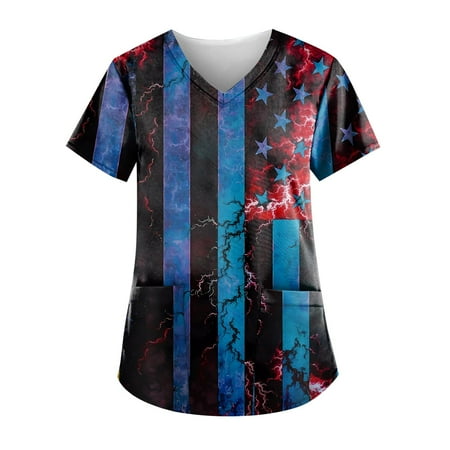 

Sksloeg Scrub Tops American Flag Print Short Sleeve V-Neck Lightweight Easy Fit Shirts Tee Tops with Pockets Light Blue XXXXXL