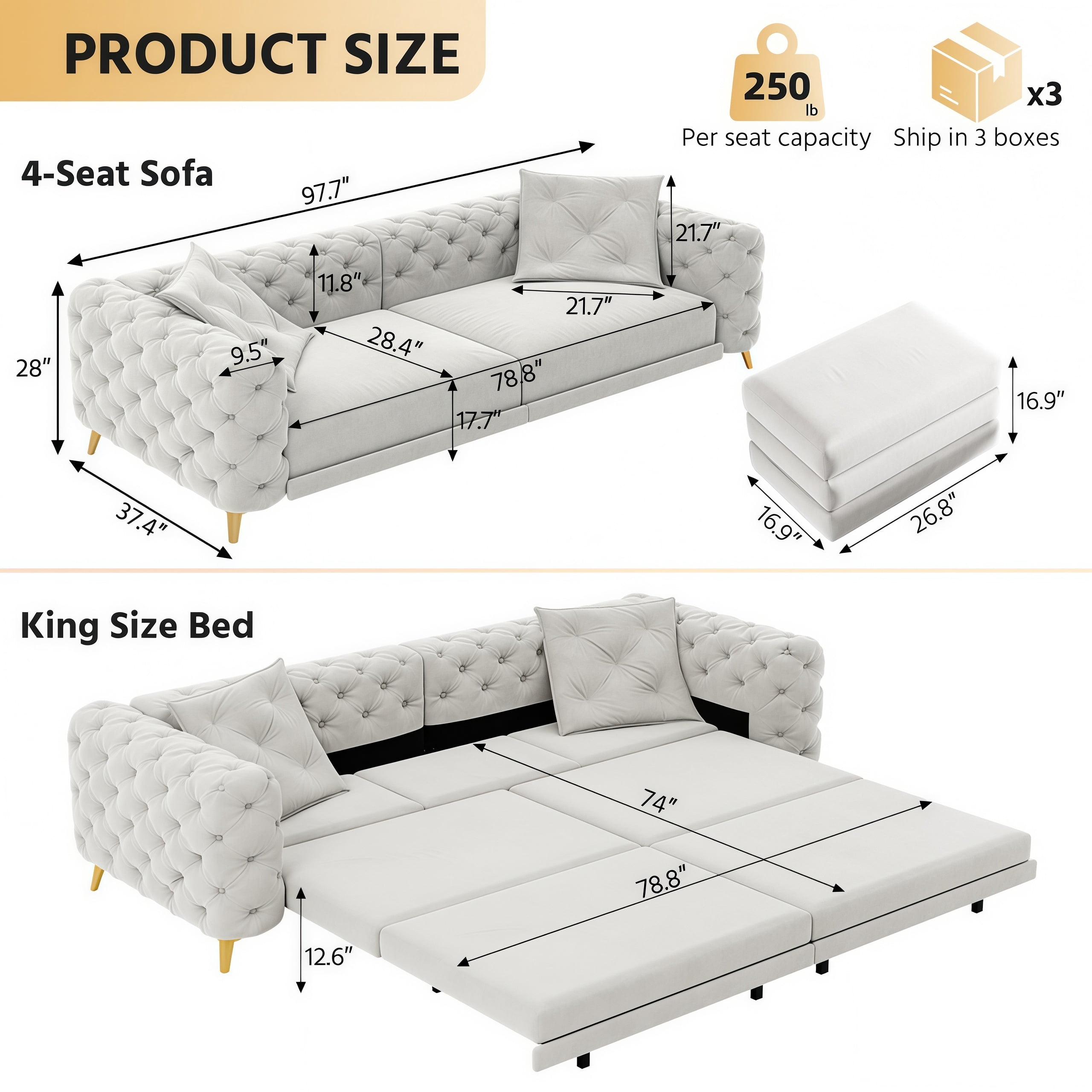 3-in-1 Velvet Sleeper Sofa Bed, 97.7" Modern Button Tufted Convertible Pull Out Couch with Gold Metal Legs & Deep Seat for Living Room, Light Gray
