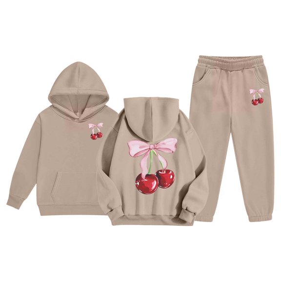 Bow Print Outfits Set For Kids Child Toddler Boys Girls Long Sleeve Solid Warm Hoodie Pullover Tops Pants Kids Outfits Sweat Suit Khaki 130(6-7 Years)