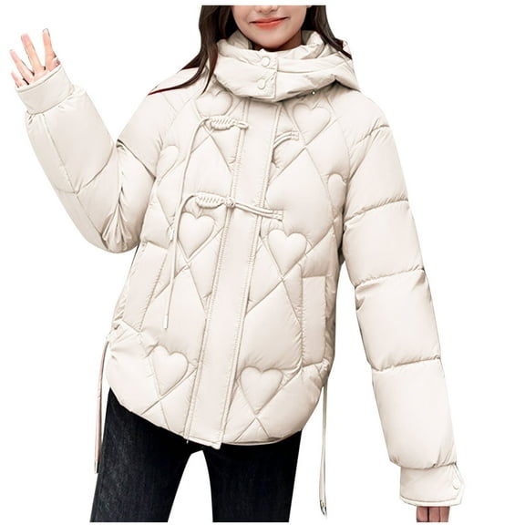 Olyvenn Women Warm Hooded Padded Jacket Coat Solid Casual Long Sleeve Thick Pockets Outerwear Heart Pattern Cotton Jackets Beige XL