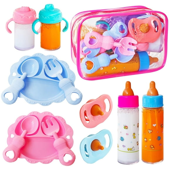 12 Pcs Baby Doll Accessories Baby Doll Feeding and Caring Set,Doll Feeding Set for Kids Girls,Magic Disappearing Juice Milk Bottles,Sippy Cups,Pacifiers,Bowl Spoons
