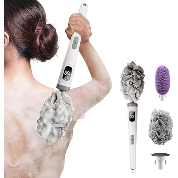 wonima11 Electric Body Brush with Replaceable Heads – Rechargeable, Waterproof, 2-Speed Adjustable Back Scrubber for Shower (Cloud White)